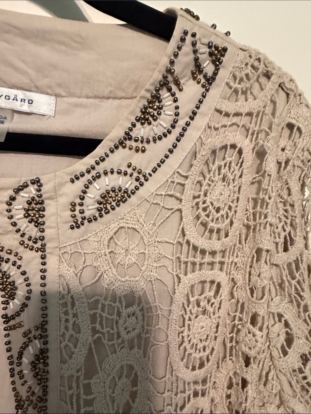 Peter Nygard Beige Crochet Knit Open-Front Beaded Cottagecore Bohemian Jacket - Picture 8 of 13